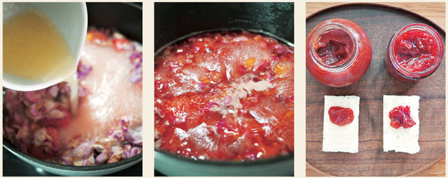 장미 10송이의 잎이 들어간 장미잼을 만드는 과정. 요거트나 식빵에 발라서 먹으면 화려하면서도 아름다운 맛과 향을 즐길 수 있다.
