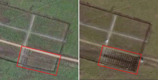지난해 11월(왼쪽 사진)에서 올해 1월(오른쪽 사진) 사이 무덤 수가 크게 늘어난 바그너 그룹 매장지 위성 사진. 맥시테크놀로지 제공 NBC 방송 트위터 캡처