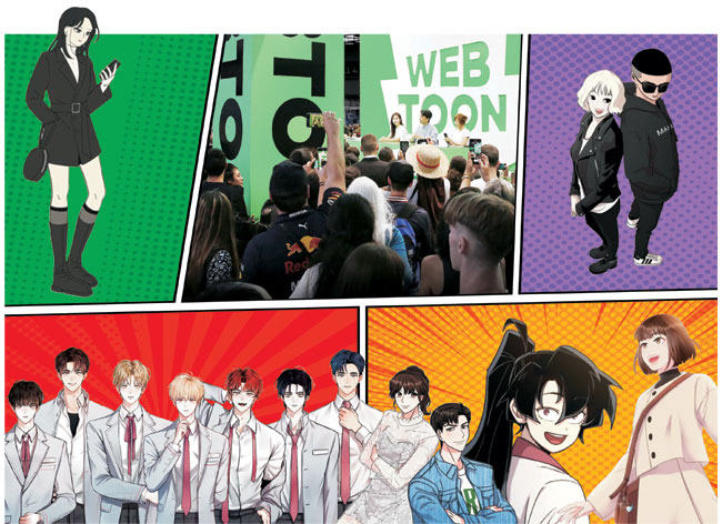 위 가운데 사진은 네이버웹툰이 태국 현지에서 진행한 브랜드데이 행사 풍경. 웹툰은 시계 반대방향으로 ‘연애혁명’ ‘데뷔 못하면 죽는 병 걸림’ ‘쌈마이웨이’ ‘화산귀환’ ‘이상한 변호사 우영우’ ‘이태원 클라쓰’.