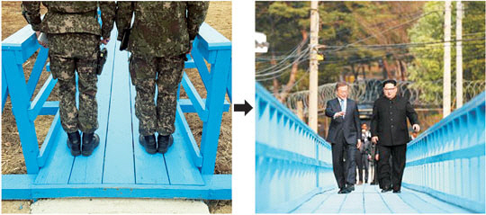 2018년 4월 문재인 당시 대통령과 김정은 북한 국무위원장이 판문점 도보다리회담에 앞서  도보다리를 걷고 있다. 이 회담은 도보다리 위에 고압선이 지나가 국가최고지도자 회담으로는 부적합하다는 북한 측 주장으로 무산될 뻔했다. 원래 폭 150㎝인 도보다리가 두 정상이 나란히 산책하기엔 좁다는 결론이 나와 난간을 일자형으로 개조해 널판을 2개 더 설치, 50㎝ 공간을 더 확보하도록 개조됐다.연합뉴스