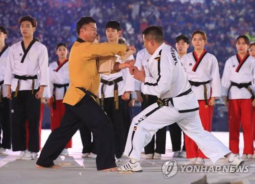 지난 2018년 평창 올림픽스타디움에서 남북 태권도 시범단 대표가 2018 평창동계올림픽 개막 사전공연으로 격파를 하는 모습. 오른쪽이 북한 시범단. 연합뉴스