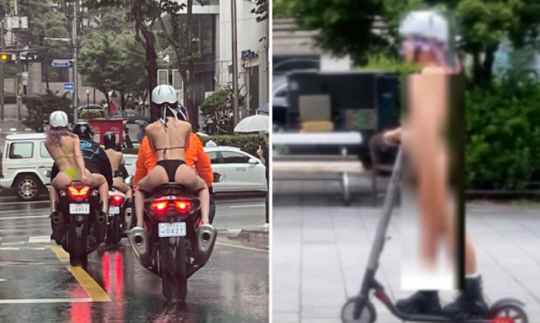 최근 서울 한복판에서 비키니 차림으로 오토바이와 킥보드를 타 논란이 된 여성들. 사진 SNS 갈무리.
