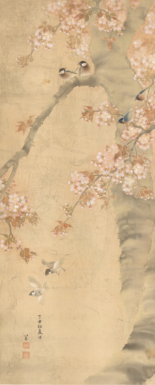 김은호, 벚나무와 새, 1937, 종이에 채색, 123.4x20.2cm, 국립중앙박물관 소장. 진주시청 제공