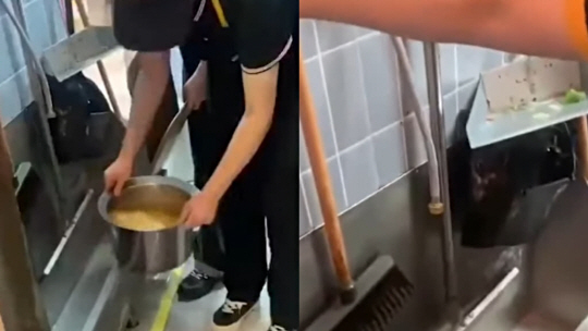 직원이 대걸레를 빠는 싱크대에서 수돗물을 받아 오렌지 주스 분말과 섞고 있다. 영상 캡처