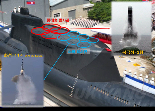 로미오급 잠수함을 개량한 북한 신형 전술핵공격잠수함 ‘김군옥 영웅함’. 10개의 수직발사관 중 4개의 중대형 발사관에는 북극성-3·4·5 ㅅ형, 6대의 소형발사관에는 미니 SLBM , 전략순항미사일 화살-1·2형 등을 탑재할 수 있을 것으로 추정된다. 양욱 아산정책연구원 연구위원 제공