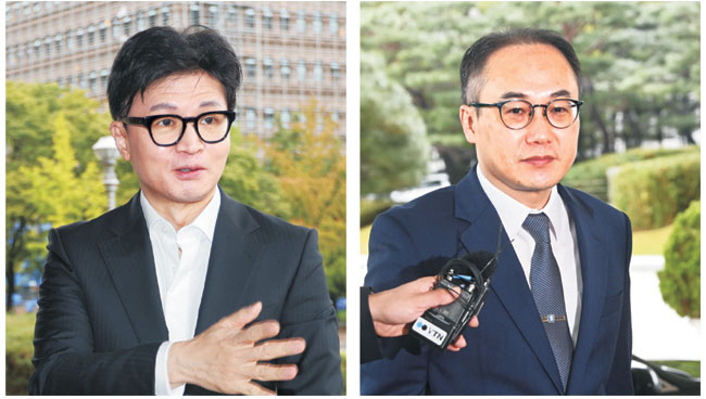 한동훈(왼쪽) 법무부 장관과 이원석(오른쪽) 검찰총장이 27일 오전 출근길에 법원의 이재명 더불어민주당 대표에 대한 구속영장 기각과 관련한 발언을 하고 있다. 연합뉴스·김동훈 기자