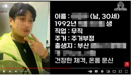 지난 6월 유튜브 채널 ‘카라큘라 탐정사무소’를 통해 공개된 이른바 ‘부산 돌려차기 사건’ 피의자 이모 씨의 얼굴과 신상 정보. ‘카라큘라 탐정사무소’ 유튜브 화면 캡처