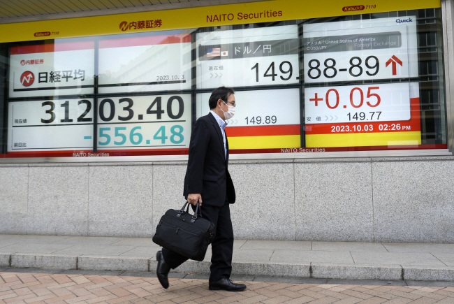 달러당 일본 엔화 가치가 장중 한때 심리적 저항선인 150엔을 돌파한 3일 일본 도쿄에서 한 행인이 149.88엔으로 적혀 있는 엔·달러 환율 전광판 앞을 지나가고 있다. 엔·달러 환율은 이날 뉴욕외환시장에서 150.16엔까지 상승했으며, 이는 지난해 10월 150엔 돌파 이후 약 1년 만이다.  EPA 연합뉴스