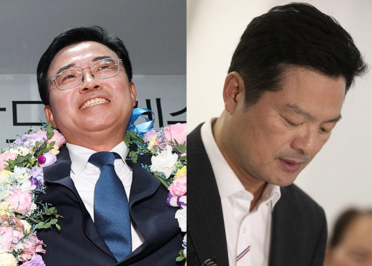 강서구청장 보궐선거 당선이 확실시 된 진교훈 더불어민주당 후보가 11일 서울 강서구 소재 선거캠프에서 승리를 기뻐하고 있다.(왼쪽 사진) 오른쪽 사진은 김태우 국민의힘 후보가 낙선을 인정하며 입장을 말하고 있는 모습. 뉴시스