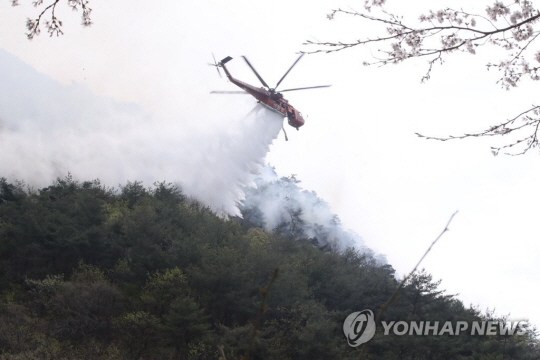 올해 4월 산림청 산불 진화 헬기가 투입돼 대전에서 발생한 산불을 진화하는 모습(사진과 기사 내용은 무관). 연합뉴스.