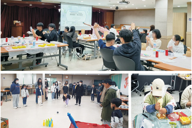 위쪽 사진은 강원 원주시 강원남부하나센터의 ‘마파람타고’ 프로젝트에 참여한 탈북 학생들이 다양한 색과 모양의 비누 만들기 체험을 하는 모습. 아래 사진은 멘토와 함께 볼링 게임을 하고, 케이크를 만들며 즐거워하는 모습이다. 초록우산 제공
