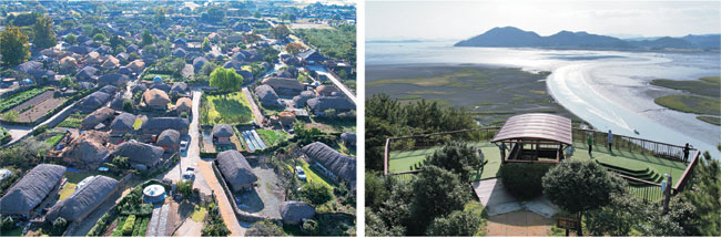 왼쪽 사진은 초가지붕으로 가득 찬 낙안읍성 마을의 모습. 마을 구석구석에서 가을 분위기가 물씬 풍긴다. 오른쪽은 S자 모양의 순천만 물길을 내려다볼 수 있는 용산전망대.