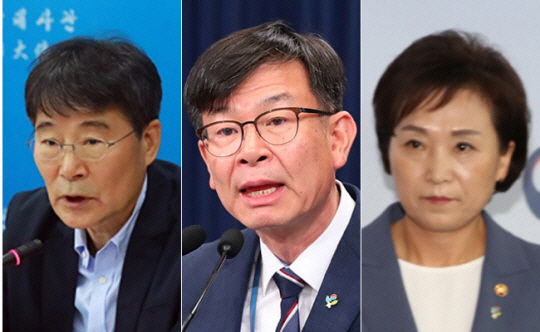 왼쪽부터 장하성 김상조 전 청와대 정책실장, 김현미 전 국토교통부 장관