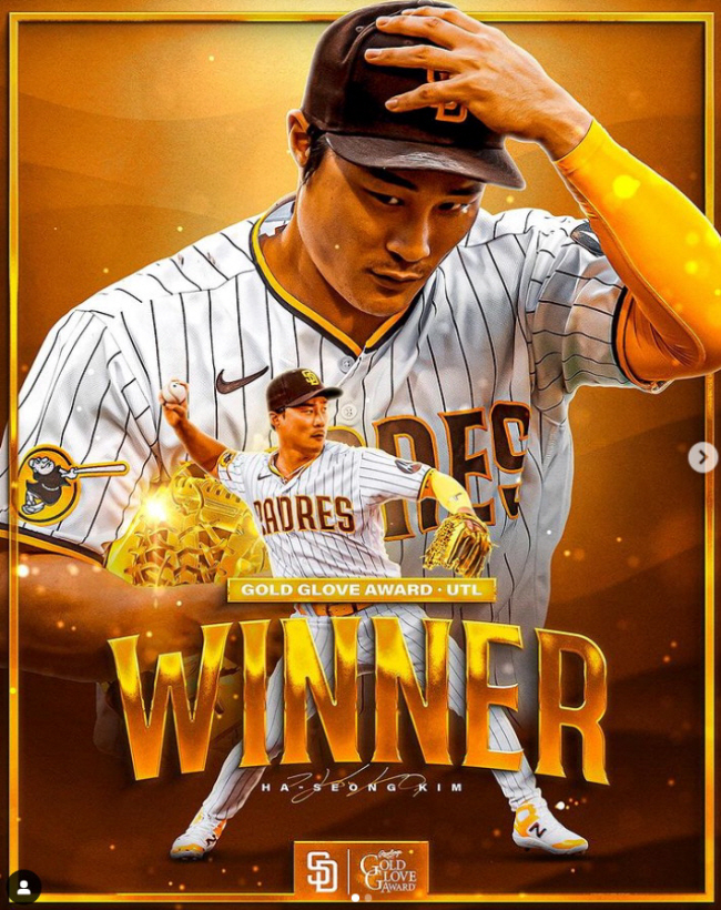 샌디에이고 파드리스가 6일 오전(한국시간) 김하성의 내셔널리그 골드글러브 유틸리티 부문 수상이 확정된 후 SNS에 특별한 그래픽 사진을 만들어 올렸다. 황금장갑을 끼고 수비하는 모습과 ‘WINNER(승자)’라는 글자다. 밑에 김하성의 사인도 들어가 있다.  샌디에이고 파드리스 SNS