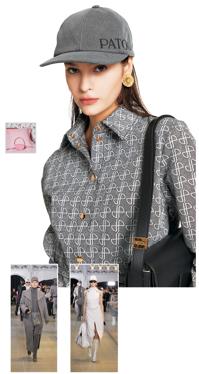 빠투 ‘JP’ 모노그램과 로고가 새겨진 시그니처 셔츠와 모자, 가방, 니트 등 아이템들을 모델이 선보이고 있다. 분홍색 가방은 빠투의 간판 아이템인 ‘르 쁘티 빠투 백’. 아래 사진은 올해 프랑스 사마리텐 백화점에서 열린 가을·겨울 런웨이 모습.   LF 제공
