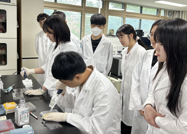 이 프로젝트에 참여한 영남대 학생들이 의성군 세포배양산업지원센터에서 실험하는 모습. 영남대 제공