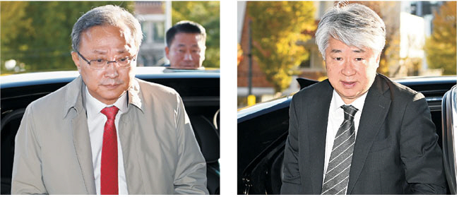 유남석(왼쪽) 헌법재판소장과 후임 소장 후보자인 이종석(오른쪽) 헌법재판관이 10일 서울 종로구 헌재로 출근하고 있다. 백동현 기자