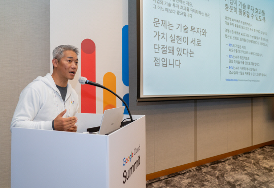강형준 구글 클라우드 코리아 사장이 14일 서울 강남구 그랜드 인터컨티넨탈 서울 파르나스에서 열린 ‘구글 클라우드 서밋 서울 2023’에서 발표하고 있다. 구글 클라우드 제공