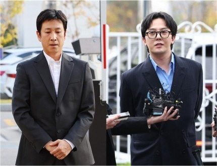 경찰에 출석한 배우 이선균(왼쪽)과 지드래곤. 연합뉴스