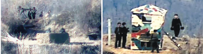 9·19 남북군사합의 폐기를 선언한 북한군이 비무장지대(DMZ) 내 동부전선에서 철거됐던 전방초소(GP) 내 목재 감시소를 복원(오른쪽 사진)하고 무반동 기관총 등 중화기를 반입하는 모습(왼쪽)이 우리 측 열상감시장비(TOD) 등에 포착됐다. 국방부 제공