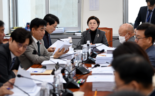 김정재(가운데) 국회 국토교통위원회 국토법안심사소위원회 위원장이 29일 오전 국회에서 열린 법안심사 소위원회에 참석해 발언하고 있다. 박윤슬 기자