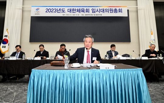 이기흥(가운데) 대한체육회장이 지난 1일 서울 송파구 올림픽파크텔에서 임시대의원 총회를 진행하고 있다. 대한체육회 제공