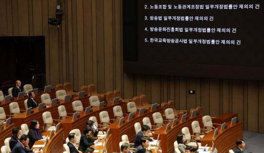 8일 오후 국회 본회의에서 이른바 ‘노란봉투법’과 방송 3법 개정안에 대한 재의의 건이 표결되고 있다. 뉴시스