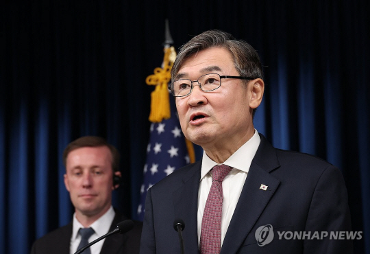 조태용 국가안보실장이 9일 오전 서울 용산 대통령실 청사에서 열린 제이크 설리번 미국 백악관 국가안보보좌관, 아키바 다케오 일본 국가안전보장국장과의 한미일 안보실장회의 공동 브리핑에서 발언하고 있다.연합뉴스