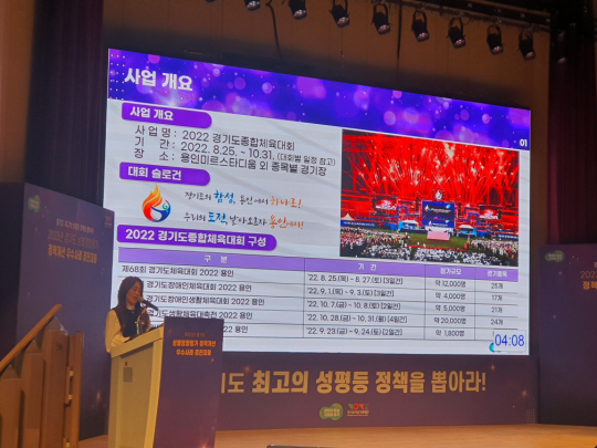 지난 13일 경기 수원시 장안구 파장동 경기도인재개발원 대강당에서 열린 ‘경기도 성별영향평가 우수사례 경진대회’에서 한 용인시청 공무원이 용인시의 양성평등 정책 우수 사례를 소개하고 있다. 용인시청