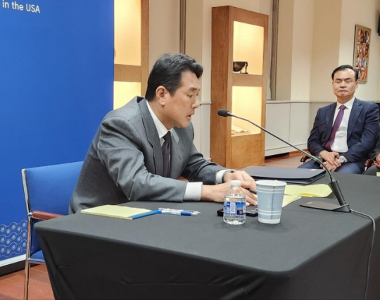 김태효 국가안보실 1차장이 15일(현지시간) 미국 워싱턴DC 한국 특파원 간담회를 하고 있다. 연합뉴스