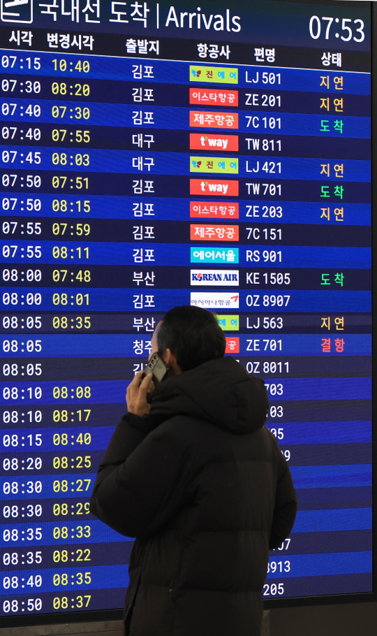 전국에 한파가 몰아친 17일 오전 제주국제공항 도착층에서 한 이용객이 국내선 도착 전광판을 살펴보고 있다. 연합뉴스