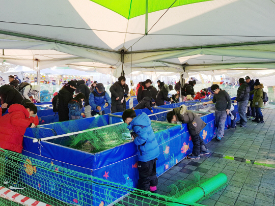어린이들이 서울 한강공원에서 빙어 잡기 체험을 하고 있다. 서울시청 제공