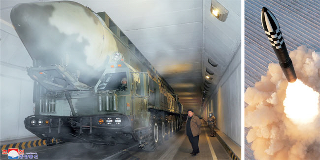 김정은 북한 국무위원장이 18일 발사한 고체연료 대륙간탄도미사일(ICBM) 화성-18형을 미사일 격납고 추정시설에서 바라보고 있다. 19일 조선중앙방송은 “이번 훈련 성과는 가공할 공격력과 절대적인 핵전쟁 억제력의 실상과 신뢰성에 대한 실천적인 과시”라는 김 위원장의 발언을 보도했다. 오른쪽 사진은 화성-18형이 발사되는 모습.  연합뉴스