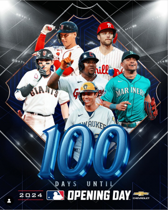 MLB 사무국의 2024년 정규리그 개막 D-100을 알리는 게시물. MLB SNS