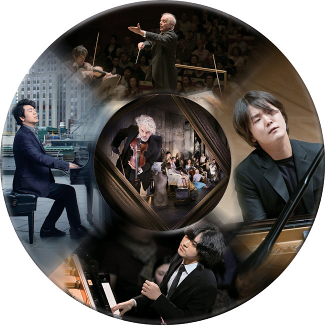 맨 오른쪽부터 시계 방향으로 피아니스트 조성진·임윤찬·랑랑, 지휘자 다니엘 바렌보임. 가운데는 찰리 채플린의 손자 제임스 띠에리.     그래픽=김유종 기자, 마스트미디어·목프로덕션·LG아트센터 제공