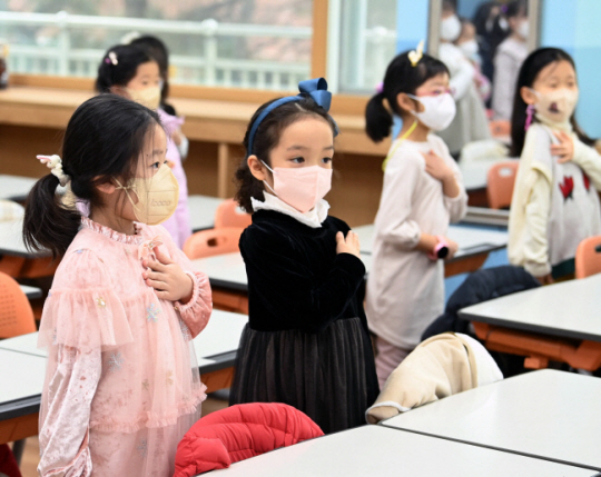서울 종로구의 한 초등학교 예비소집에 참석한 어린이들이 진지한 표정으로 손을 가슴에 대는 국민의례를 배우고 있다. 어린이들이 각자 다른 손을 가슴에 대고 있다. 윤성호 기자