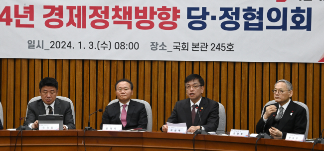 최상목(왼쪽 세 번째) 부총리 겸 기획재정부 장관이 3일 오전 국회에서 ‘2024년 경제정책방향’ 당·정협의회에서 발언을 하고 있다. 왼쪽부터 국민의힘 유의동 정책위의장, 윤재옥 원내대표, 최 부총리, 유인촌 문화체육관광부 장관. 곽성호 기자