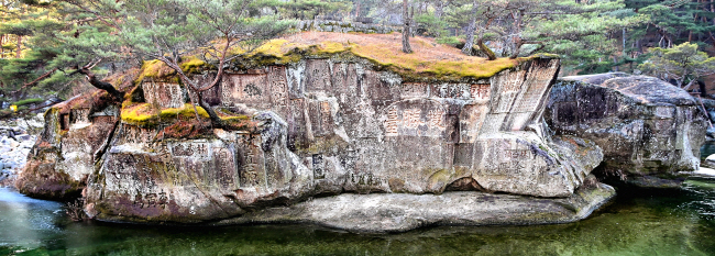 거북의 형상을 빼닮은 바위 수승대. 바위 전체에 빈틈이 없을 정도로 이름과 시가 새겨져 있다.