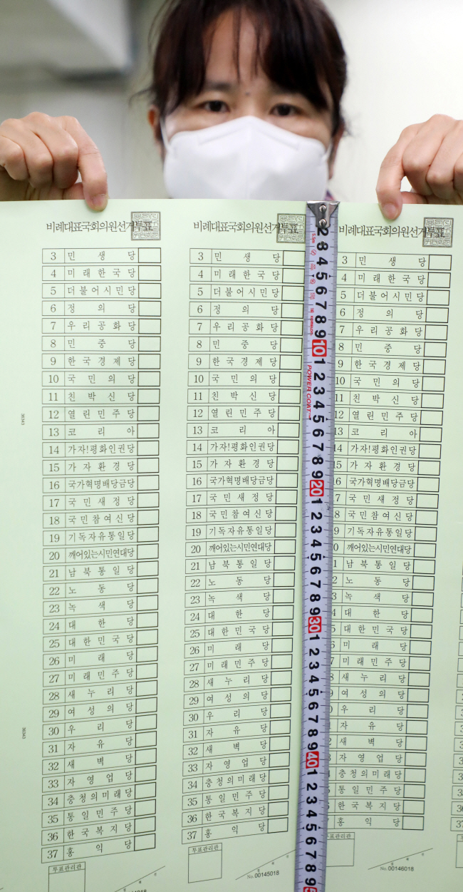 19일 여야가 위성정당 출현을 가능하게 만드는 준연동형 비례대표제를 유지하는 방안으로 선거제 협상 논의가 흘러가는 상황에서 21대 총선이 열린 지난 2020년 4월 경기 수원시 권선구 한 인쇄소에서 인쇄된 4·15 총선 비례대표 투표용지가 48.1㎝에 달하고 있다.  뉴시스