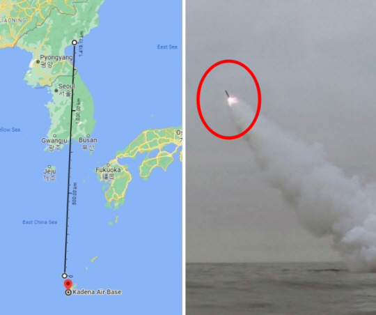 북한은 2023년 3월 12일 새벽 8·24영웅함에서 전략순항미사일 2기를 발사했다며 공개한 영상(오른쪽). 군당국이  28일 오전 8시경 함경남도 신포시 인근 해상에서 북한이 발사한 순항미사일 여러 발을 포착했다고 밝혔다.조선중앙통신 캡처／ 연합뉴스