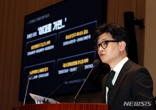 지난해 12월6일 한동훈 당시 법무부 장관이 서울 여의도 국회에서 열린 국민의힘 정책의원총회에서 ‘출입국이민청 신설 방안’에 대해 설명하고 있다. 뉴시스