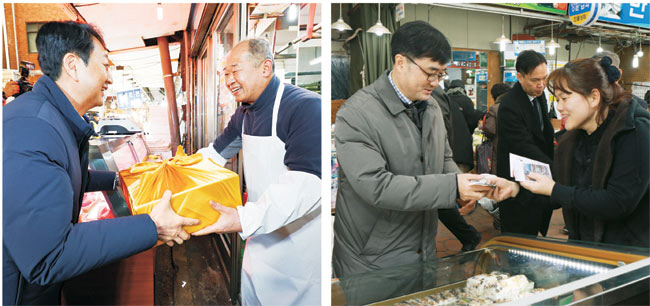 설 연휴를 앞두고 경제부처 장·차관급 인사들이 잇따라 전통시장을 방문하는 등 민생현장 점검에 나섰다. 안덕근(왼쪽 사진 왼쪽) 산업통상자원부 장관이 지난 7일 서울 종로구 광장시장에서 설 선물을 구입하고 있다. 같은 날 임기근(오른쪽 사진 왼쪽) 조달청장도 대전의 대표 전통시장인 태평시장을 방문했다.  뉴시스