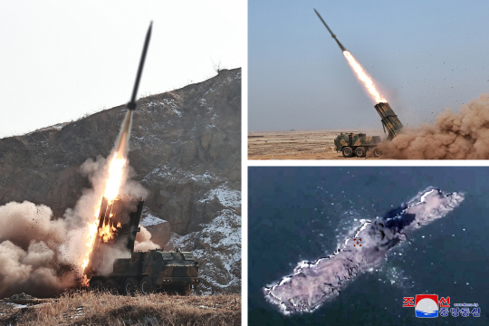 북한 국방과학원이 조종방사포탄과 탄도조종 체계를 새로 개발하는데 성공했다며 지난 11일 240㎜ 조종방사포탄 탄도조종 사격시험을 진행해 명중성에 대한 평가를 진행하고 그 우월성을 검증했다고 조선중앙통신이 12일 보도했다. 조선중앙통신 캡처／연합뉴스