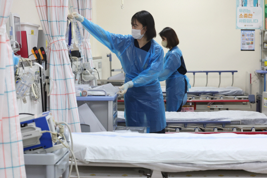 국방부가 의사들이 파업에 돌입하면 군 의료체계를 민간에 개방하겠다고 밝힌 가운데 19일 경기도 성남시 국군수도병원 응급실에서 군 의료진들이 응급환자 발생을 대비한 준비를 하고 있다. 국방일보 제공