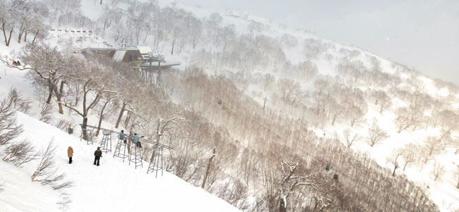 호시노리조트 토마무 스키슬로프 정상 부근을 운해가 자주 깔린다고 해서 ‘운카이(雲海) 테라스’라 부른다. 능선을 따라 경관과 어울리는 조형물을 설치해 놓았는데, 산 아래를 내려다보는 자리에 설치한 커다란 철제의자 ‘클라우드 바(bar)’도 그중 하나다.