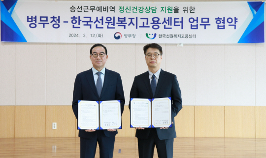 최규석(오른쪽) 병무청 차장이 12일 부산 중구 한국선원복지고용센터의 정태길(왼쪽) 이사장과 승선근무예비역의 정신건강증진을 위한 업무협약 후 기념촬영을 하고 있다. 병무청 제공