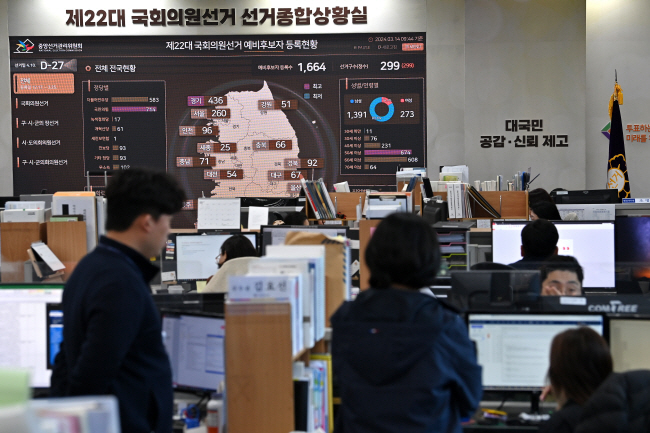 14일 오전 경기 과천시에 있는 중앙선거관리위원회 제22대 국회의원선거 선거종합상황실에서 직원들이 업무를 보고 있다.  백동현 기자