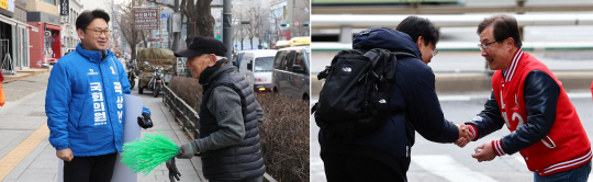 고 노무현 전 대통령 사위인 곽상언 더불어민주당 제22대 국회의원 선거 종로구 예비후보자와 최재형 국민의힘 제22대 국회의원 종로구 예비후보자가 7일 오전 서울 종로구 각각 동묘역과 창신역 인근에서 출근길 인사를 하고 있다. 뉴시스