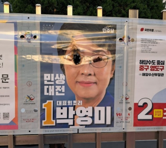 박영미 더불어민주당 부산·중영도구 국회의원 후보 벽보가 훼손돼 경찰에 신고했다. 영도구의 한 아파트 앞에 훼손된 벽보. 뉴시스(박영미 후보 캠프 제공)