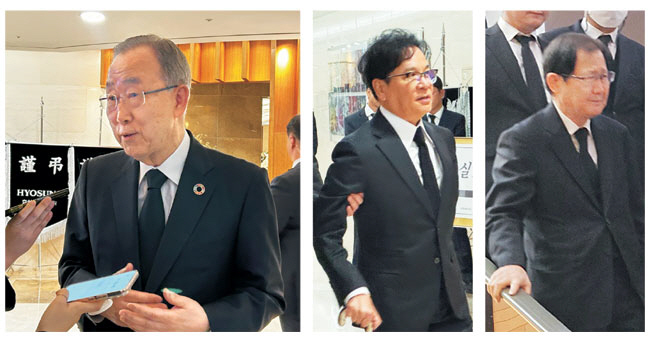 조석래 효성그룹 명예회장 별세 사흘째인 1일 오전 빈소가 마련된 서울 서대문구 세브란스병원 장례식장에 반기문(왼쪽 사진) 전 유엔 사무총장, 이재현(가운데) CJ그룹 회장, 박찬구(오른쪽) 금호석유화학그룹 회장 등 정·재계 주요 인사들이 조문하고 있다.